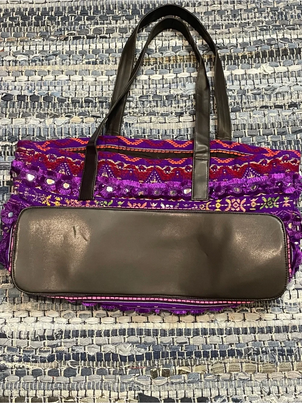 Raj LA Purple Embroidered Boho Tote with Black Vegan Leather Handles